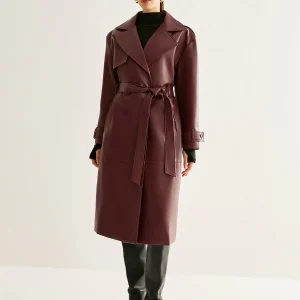 Trench Long Bordeaux | Similicuir Élégant | Ceinture Ajustable