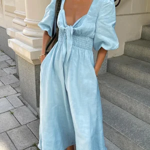 Robe mi-longue en lin et coton avec lien sur le devant