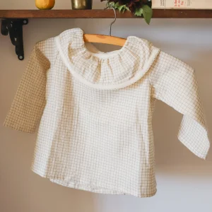 Blouse fille à grand col ISAURE - Double gaze de coton imprimé carreaux