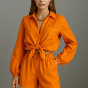 Vibrancia | Ensemble Deux Pièces Chemise Nouée Manches Longues Short Taille Haute Fluide Chic Été Pour Femme