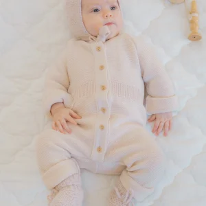 Combinaison bébé RÉTRO - Rose dragée - tricotée en France