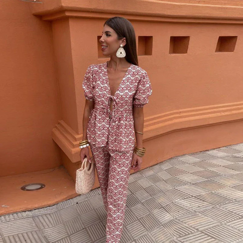 Florésia | Ensemble Deux Pièces Imprimé Fleuri Nœud Devant Chic Eté Pour Femme