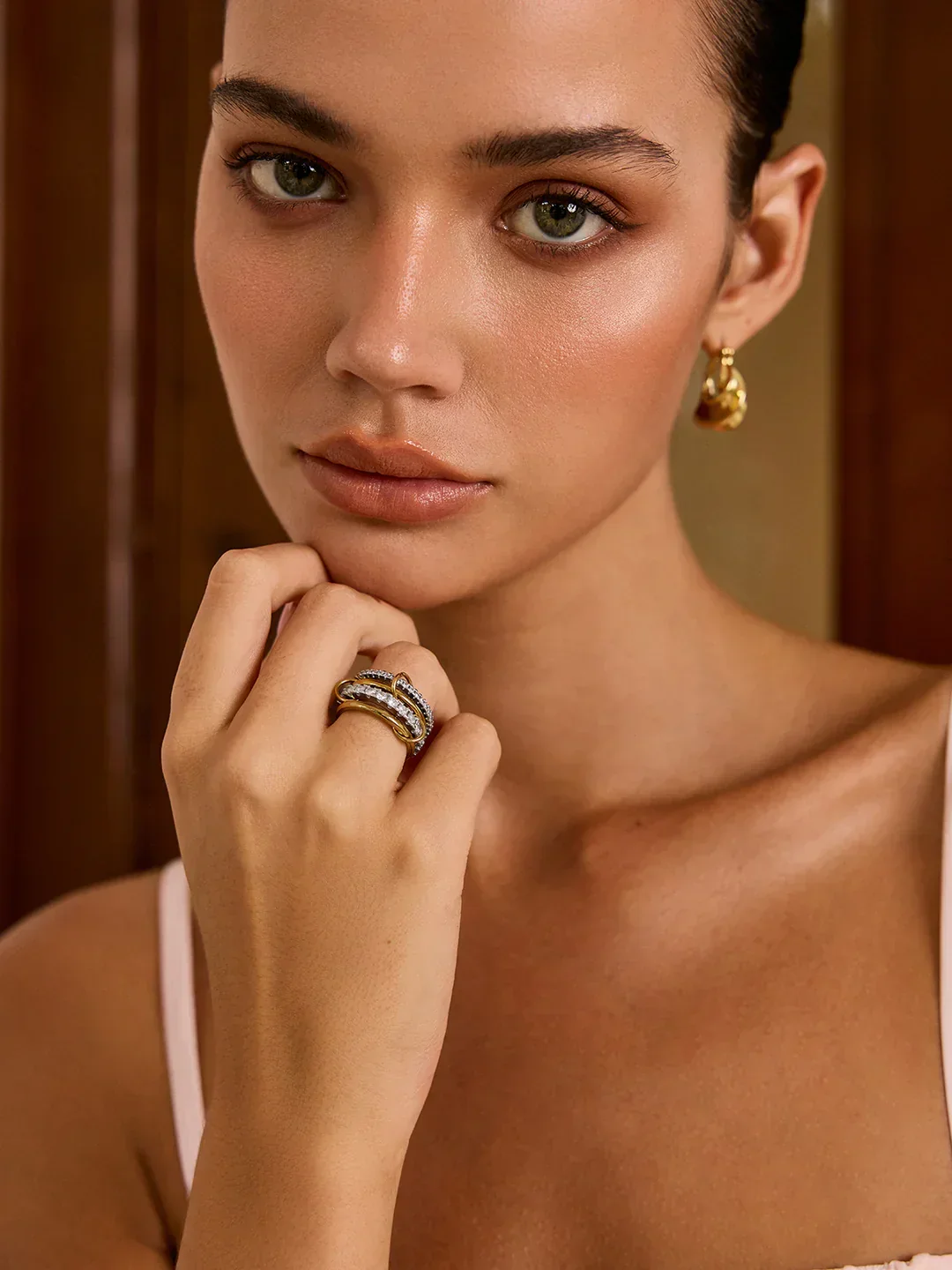 Bague en oxyde de zirconium empilé plaqué or – Image 3