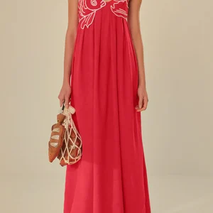 Robe midi à bretelles spaghetti et motif poisson brodé