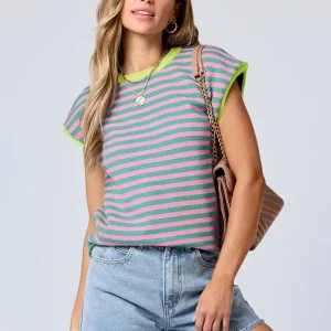 Haut en tricot rayé à col rond et couleur contrastée