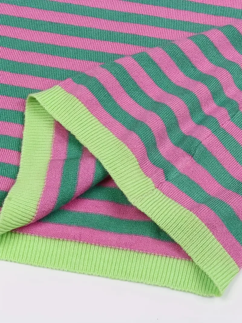 Haut en tricot rayé à col rond et couleur contrastée – Image 5