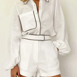 Ensemble short deux pièces en coton et lin à bordure contrastée