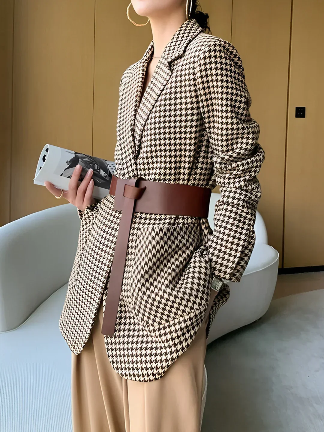 Blazer pied-de-poule élégant avec ceinture – Image 2