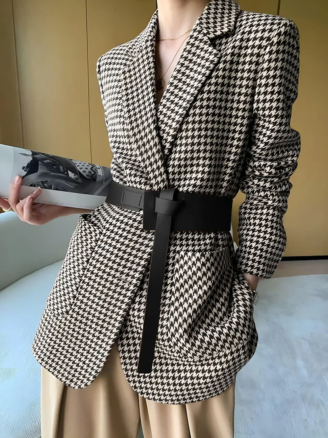 Blazer pied-de-poule élégant avec ceinture – Image 5