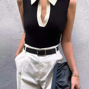 Body en tricot à col en V et bordure contrastée