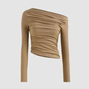 Haut uni à manches longues et col asymétrique