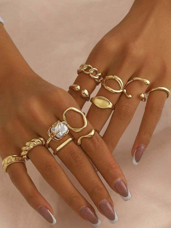 Ensemble de 12 bagues géométriques au design vintage