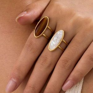 Ensemble de 2 bagues œil de tigre et pierre blanche