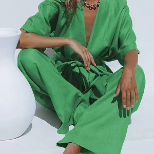 Ensemble deux pièces pantalon noué surdimensionné en lin avec ceinture