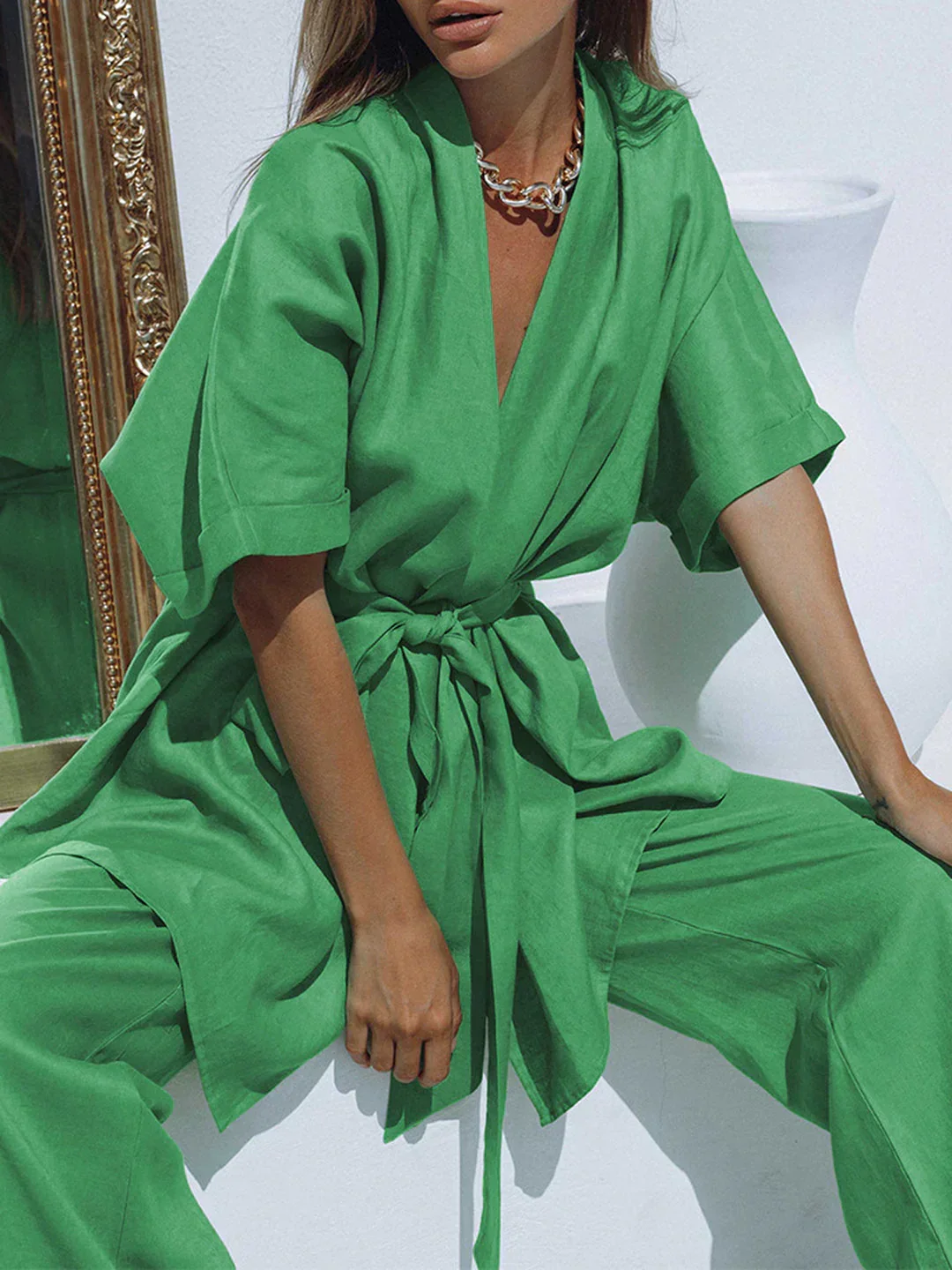 Ensemble deux pièces pantalon noué surdimensionné en lin avec ceinture – Image 4