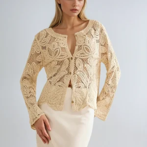 Cardigan vintage en dentelle au crochet avec détails de bordure festonnée
