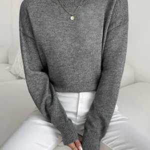 Pull tricoté à manches longues et col roulé, couleur unie