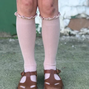 Chaussettes hautes volantées couleur rose poudré