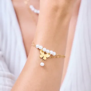 Bracelet Double Tour Papillon en Acier Inoxydable avec Perles