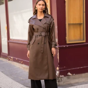 Veste trench long en cuir vegan