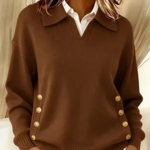 Pull Femme Élégant à Boutons Dorés | Col V Chic