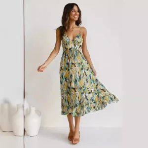 Odisa - Robe d'été imprimée sans manches avec col en V