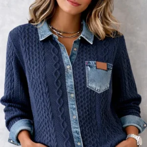 Chemise Tricotée Chic avec Détails Denim | Femme