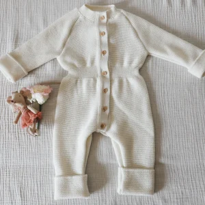 Combinaison bébé RÉTRO -Ecru - tricotée en France