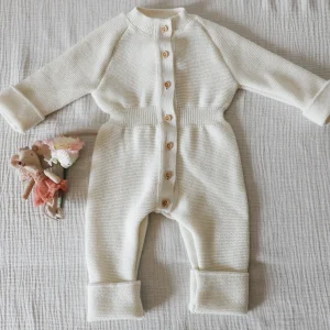 Combinaison bébé RÉTRO -Ecru - tricotée en France