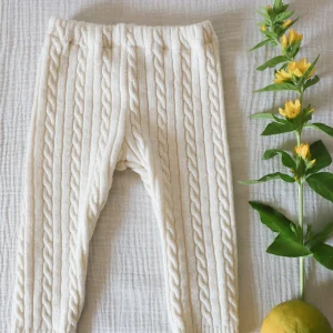 Pantalon en maille torsadée - Ecru - tricoté en France