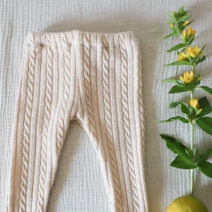 Pantalon en maille torsadée - Rose dragée - tricoté en France