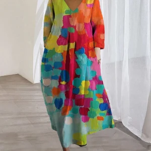 Robe à col en V imprimé coloré