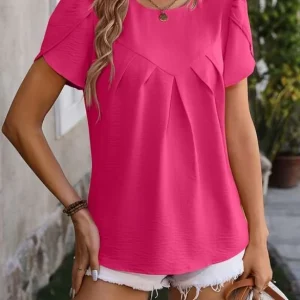 Yasmine - Élégant chemisier à col rond froncé et manches pétale