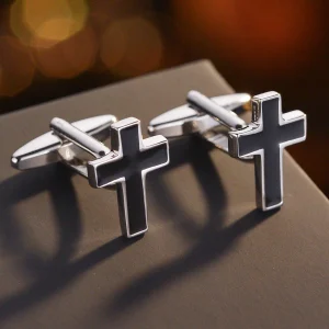 Boutons de Manchette Croix Argentés et Noirs
