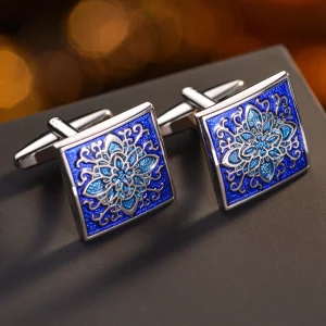 Boutons de Manchette Carrés Design Floral Bleu