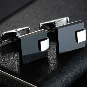 Boutons de Manchette Carrés Noir Mat et Argent