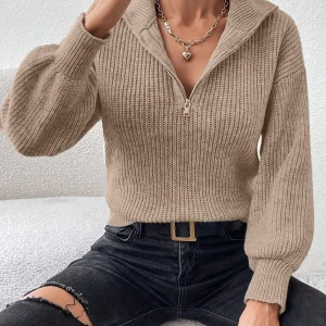 Pull Zippé À Épaules Tombantes Pour Femmes – Élégant Col V Automne/Hiver