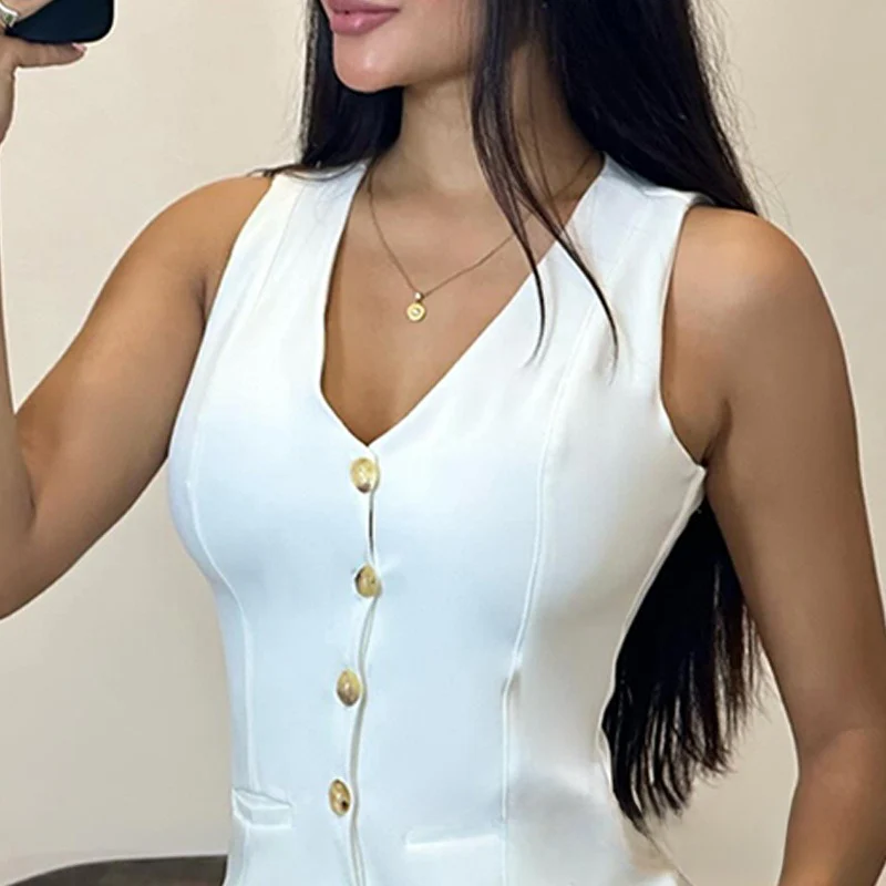 White Sleeveless Slim Fit Vest Shorts Suit – Image 2