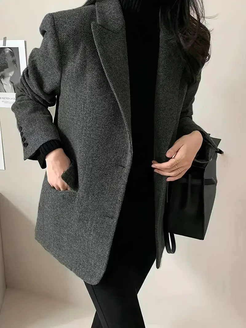 Blazer rétro chic en mélange de polaire à chevrons – Image 2