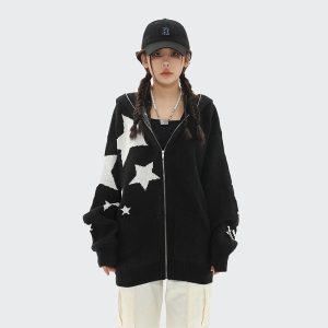 Hoodie oversize femme à motifs étoiles – tricot – confort décontracté