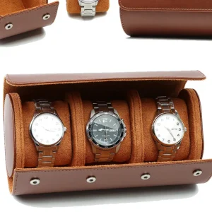 Étui de rangement pour Montres en Cuir Marron Vintage - 3 Emplacements