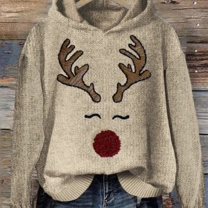 Joli Sweat à Capuche en Tricot Confortable avec Broderie de Visage de Renne de Noël