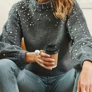 Elizabeth - Pull tricoté à la mode pour dames avec décorations en perles