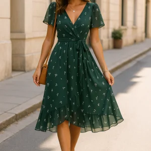 Robe Portefeuille Fleurie – Élégance Décontractée en Vert Forêt