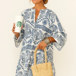 Robe Bohème Imprimée – Bleu & Blanc au Style Méditerranéen