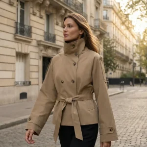 Trench-coat kaki à lacets et double boutonnage