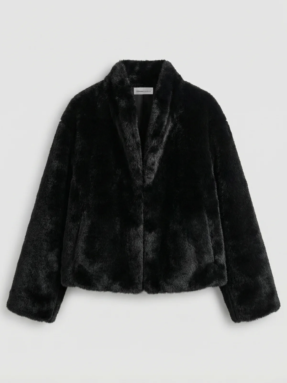 Manteau élégant en fausse fourrure noire pour femme, col montant, manches longues, coupe classique, indispensable de la garde-robe d'hiver. – Image 4