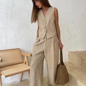 Linéora | Ensemble Deux Pièces Gilet Sans Manches Pantalon Large Lin Chic Été Pour Femme