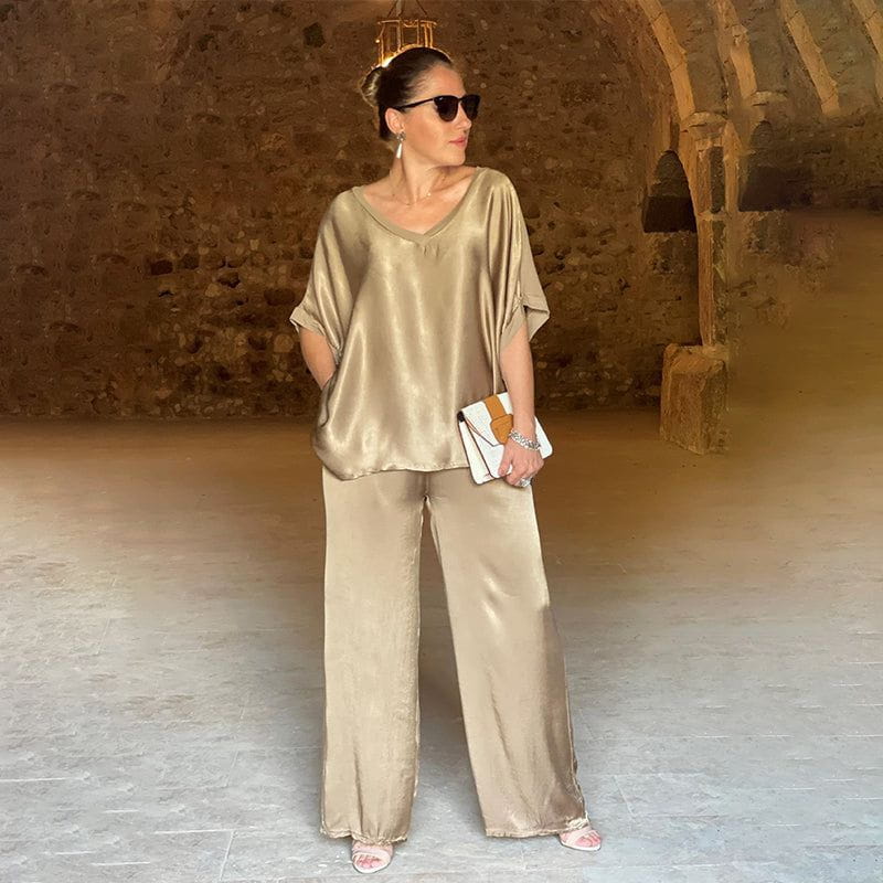 Saténia | Ensemble Deux Pièces Top Ample Pantalon Large Satin Fluide Chic Été Pour Femme – Image 2
