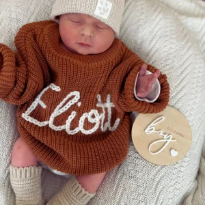 Pull bébé brodé tricoté à la main 100% coton